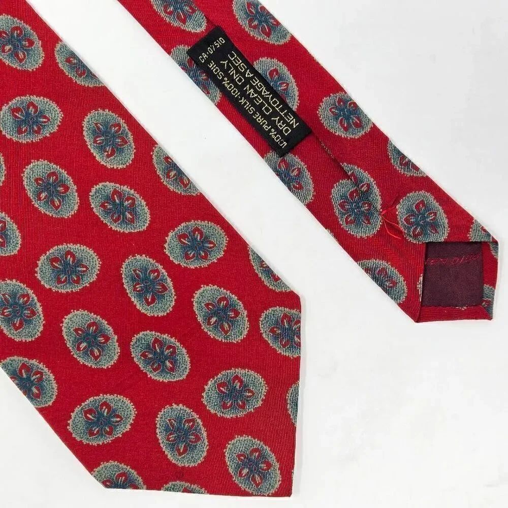 GIORGIO ARMANI CRAVATTE SILK TIE RED GREEN FLORAL POLKA DOT DESIGN 3.75" X 55"